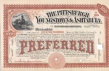 PITTSBURGH YOUNGSTOWN & ASHTABULA 1800S PREFERRED 100 SHARES Railroad Stock Cert picture