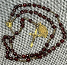 Antique French Red Garnet Cut Glass Beads Rosary Conception Mary Heart Brass 16