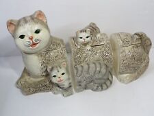 RARE 3 pc Gray Cat W/ Kittens Cookie Jar Canister Set Hand Painted Ceramic picture