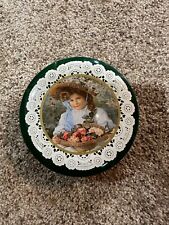 Green Vintage decorative Victorian round tin with girl and lace 5 inch diameter picture