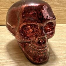 Red Black Glass Skull Head Figurine  4” Ornament Halloween Decor Day Of Dead picture
