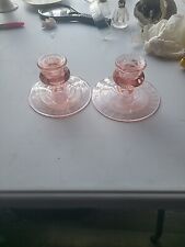 Vintage Depression Glass Pink Etched Glass  Candle Holders picture