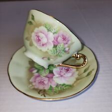Lefton China Hand Painted Green & Pink Rose Teacup & Saucer Set, Vintage picture