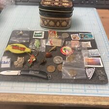 USED Vintage Tin w/Mixed Vintage US Coins/US Stamps/Pins/Knife/Patch etc. LOOK picture