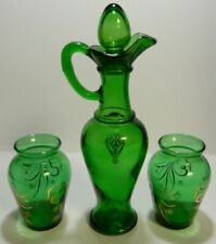 Vintage Lot Of (3) Forest Green Glass w/ Gold Trim (Cruet & (2) Vases) Excellent picture