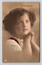 1916 RPPC Hand Colored Portrait of Young Girl Curly Hair Happy Birthday Postcard picture