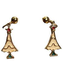 Vintage Christmas Earrings Enamel Tree Clip-on Gold Tone Red Green Stones 1980s picture