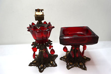 VINTAGE SMOKING SET 2pc TABLE LIGHTER ASHTRAY RED GLASS PRISMS HOLLYWOOD REGENCY picture