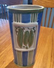 Vtg Tall Blue & Green Pottery Vase W/Raised Peas Design on Both Sides 10.75