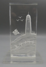Vtg. Reverse Carved Lucite/Acrylic Clear Beach/Ocean Scene Lighthouse/Ship Decor picture