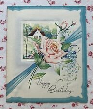 Vintage 1940s UNUSED Birthday Pink Roses House on Hill Embossed Greeting Card picture