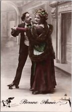 Vintage 1900s French HAPPY NEW YEAR Real Photo RPPC Postcard ROLLER SKATING picture