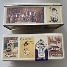 2 Vintage Cadbury's Chocolate Biscuits Hinged Metal Tin Advertising Box 4x4x9 picture