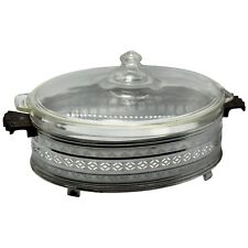 Vtg PYREX Oval Glass Dish Lid Silver Chrome Stand Casserole Server Clear picture