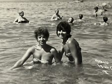 1964 Two Pretty Attractive Young Woman Bikini Sitting on Sea Beach Vintage Photo picture