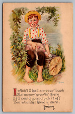 Postcard I Wish I Had a Money Bush...Boy with Pig Posted July 29 1918 picture