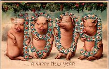Hold To Light Postcard 1909 Anthropomorphic Pigs Happy New Year Floral JB24 picture