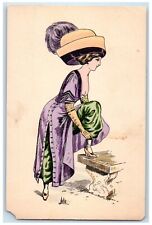 c1910's Pretty Woman Dress Big Hat Feather Fixing Socks Julia Antique Postcard picture