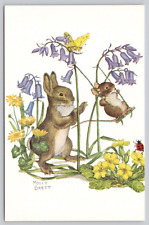 Postcard Bunny Pushing Mouse on Swing Amongst Lilacs by Artist Molly Brett picture