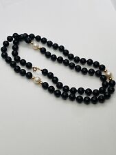 18” NATURAL SEA PEARL ONYX 14 KT. GOLD BEADED HAND KNOTTED NECKLACE STAMPED picture