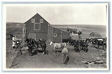 c1910's Horses Barn Children Farm Farming RPPC Photo Tractor Antique Postcard picture