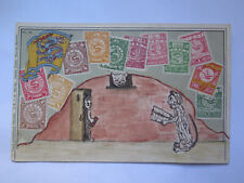 STAMP POSTCARD CHINESE STAMPS CARTOON FIGURE CATS HAND DRAWING c1900s picture