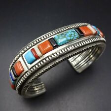 Harrison Jim NAVAJO Sterling Silver TURQUOISE CORAL Cobblestone Inlay BRACELET picture