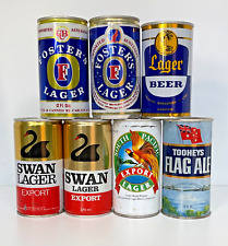 TIGER, SWAN LAGER w 2 tops, SOUTH PACIFIC LAGER, TOOHEYS FLAG ALE, FOSTERS Beer picture