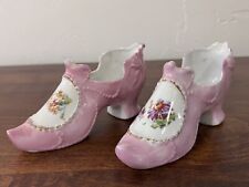 2 Antique 1868 Porcelain Slippers Victorian Edwardian Gold Trim Hand Painted PJF picture