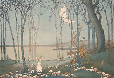   Postcard: Vintage Repro - Bunny Rabbit Looks at Crescent Moon, Lake, Mushrooms picture