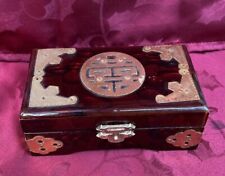 Vintage Chinese Wooden Lacquered Jewelry Box with Hinged Lid Brass Fittings picture