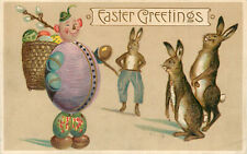 Embossed Easter Postcard Dressed Rabbits Laugh at Colored Egg Man picture
