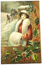 C1910s Christmas Postcard Beautiful Girl with Carriage in Background Embossed B2 picture