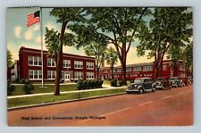 Sturgis, MI-Michigan, High School & Gymnasium, Flag, c1940 Vintage Postcard picture