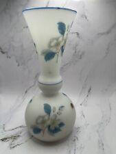 Italian Flower Vase White Frosted Glass with Blue Painted Flowers Vintage 1970s picture