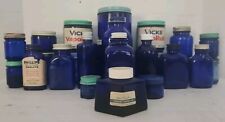 Lot of 25 Vintage Cobalt Blue Glass Bottles & Jars Medicinal & Cosmetics w/Lids picture