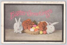 Postcard Easter White Rabbits & Basket Of Colored Painted Eggs Antique 1912 picture