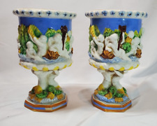Italian DELLA ROBBIA Style cupid Majolica Vases pair picture