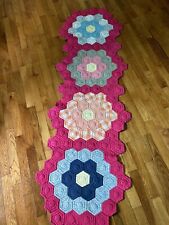 Vtg Grandmother's Flower Garden  Quilt Table Runner Pink Side & Aqua Reversible picture