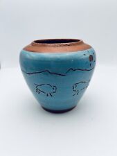 Small Native American Motif Style Pottery Vase  Vibrant Turquoise  HEAVY picture