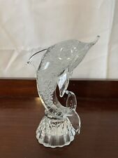 VTG Solid Glass Jumping Dolphin Figurine Clear On Base Statue 8” picture