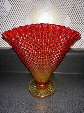 Vtg Red Orange Hobnail Ruffled Fan Shaped Vase with Diamond Design, 7.5 In Tall picture