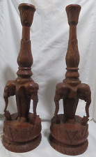 Vintage Hand Carved Wood Elephant Table Lamp Bases Parts Teak Set Of 2 picture