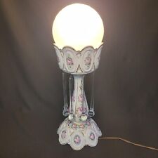 Vintage Mantle Banquet White Ceramic Lamp Enamel Flowers Rain Drop Prisms READ picture