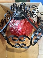 Vintage Spanish Gothic Mid Century Wrought Iron Hanging Swag Lamp Lantern picture