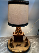 VTG FOLK ART LAMP ARTIST SIGNED HAND CARVED WOOD CABIN W/ FOLKS IN ROCKING CHAIR picture