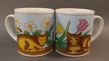 (2) Cats in flower beds coffee cup mugs.Tulips~Daisies. Rosenthal Netter picture