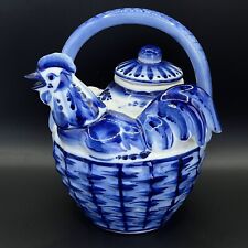 Russian Vintage 2002 Ghzel Decorative Rooster Teapot Blue White Porcelain 6