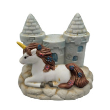 Vintage 1980s Hand Painted Ceramic Unicorn Figurine Beach Castle Blue picture