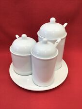 Pottery Barn Great White Ceramic Sugar Honey Lidded Jars with Spoons On Tray picture